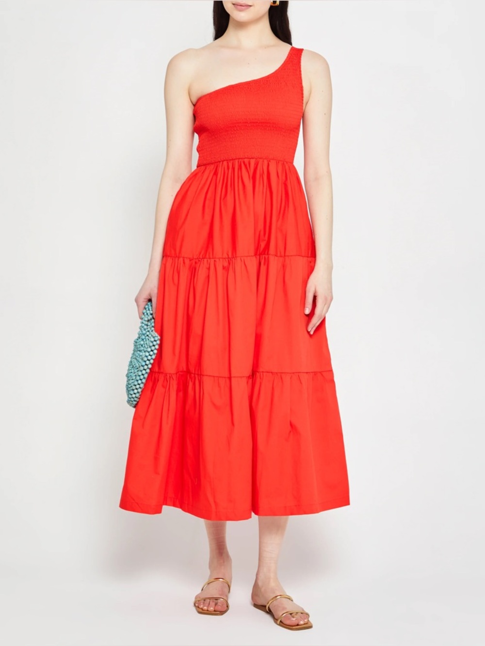 One-Shoulder Red Tiered Maxi Dress with Smocked Bodice XL